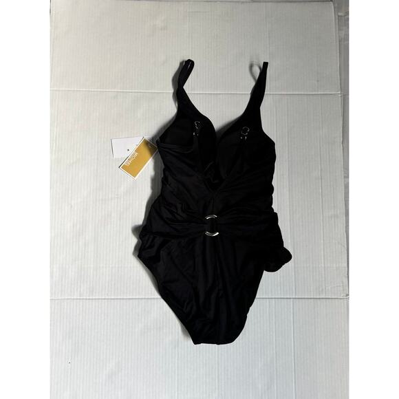 Michael Kors Black One Piece Swimsuit Size 8 NWT $108 MSRP Belted Ring Detail - Picture 5 of 7
